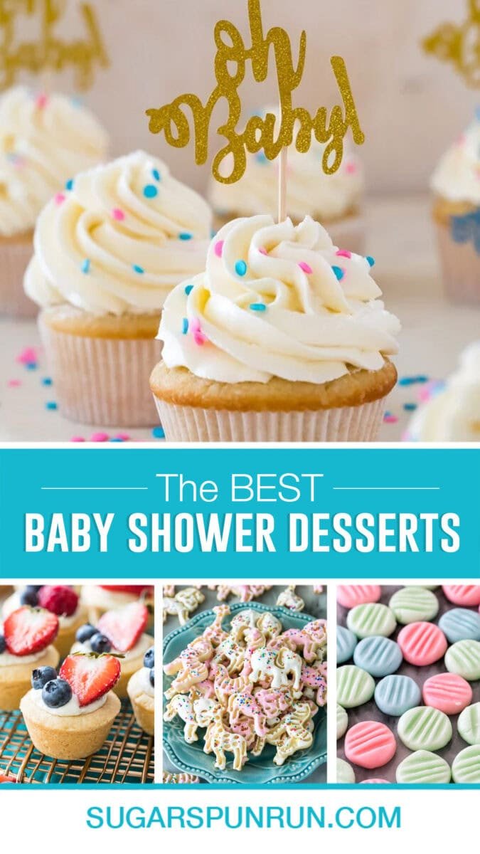 collage of baby shower desserts, top images of gender reveal cupcakes, bottom images contain images of cheesecake bites, frosted animal crackers, and cream cheese mints