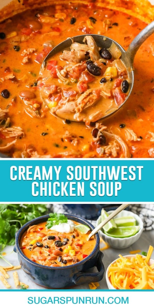 collage of creamy southwest chicken soup, top image is a close up a spoon full of soup, bottom image of bowl of soup with spoon