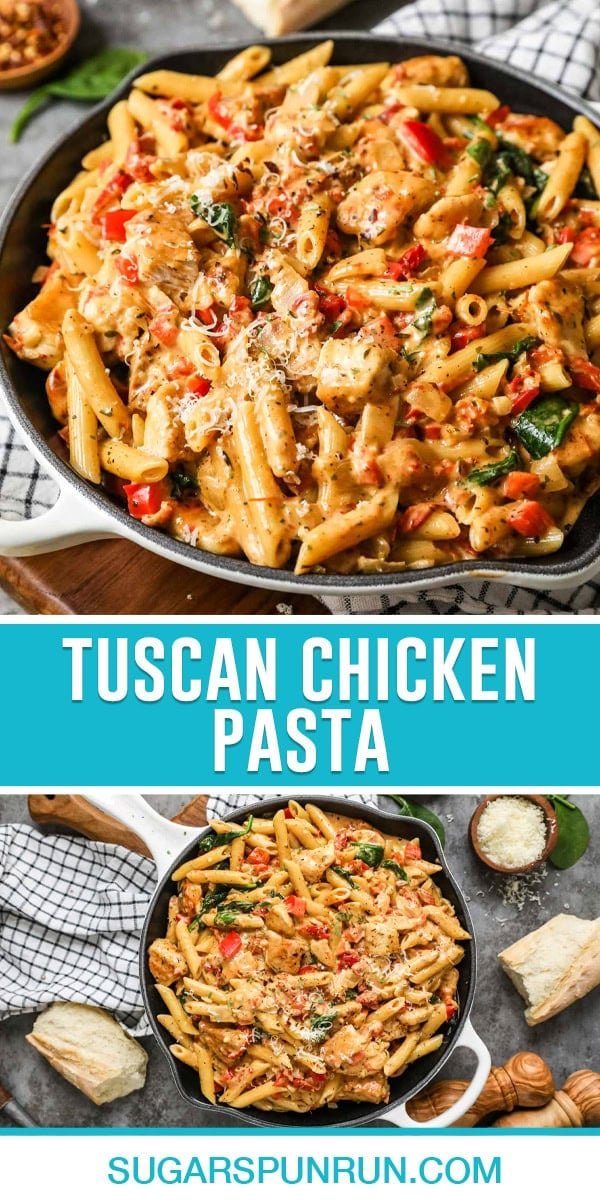 collage of tuscan chicken pasta, top image of pasta close up in skillet, bottom image same pasta photographed from above