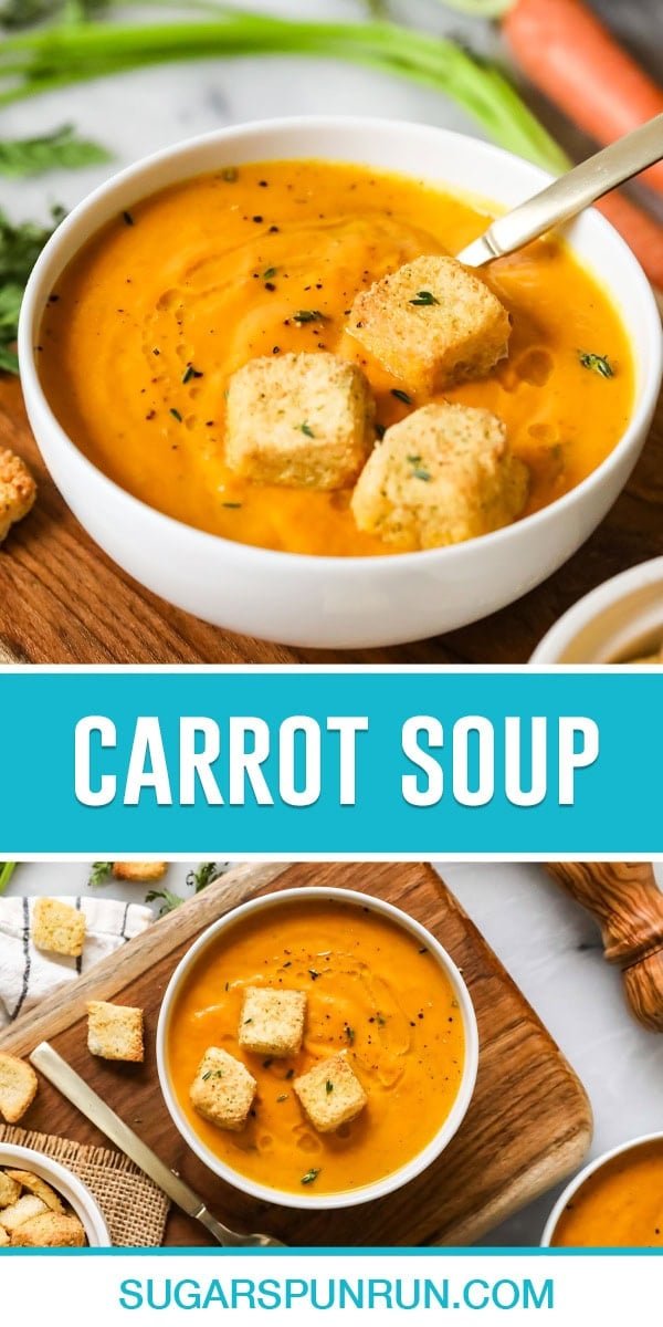 collage of carrot soup, top image of single bowl with three croutons, bottom image same bowl photographed from above
