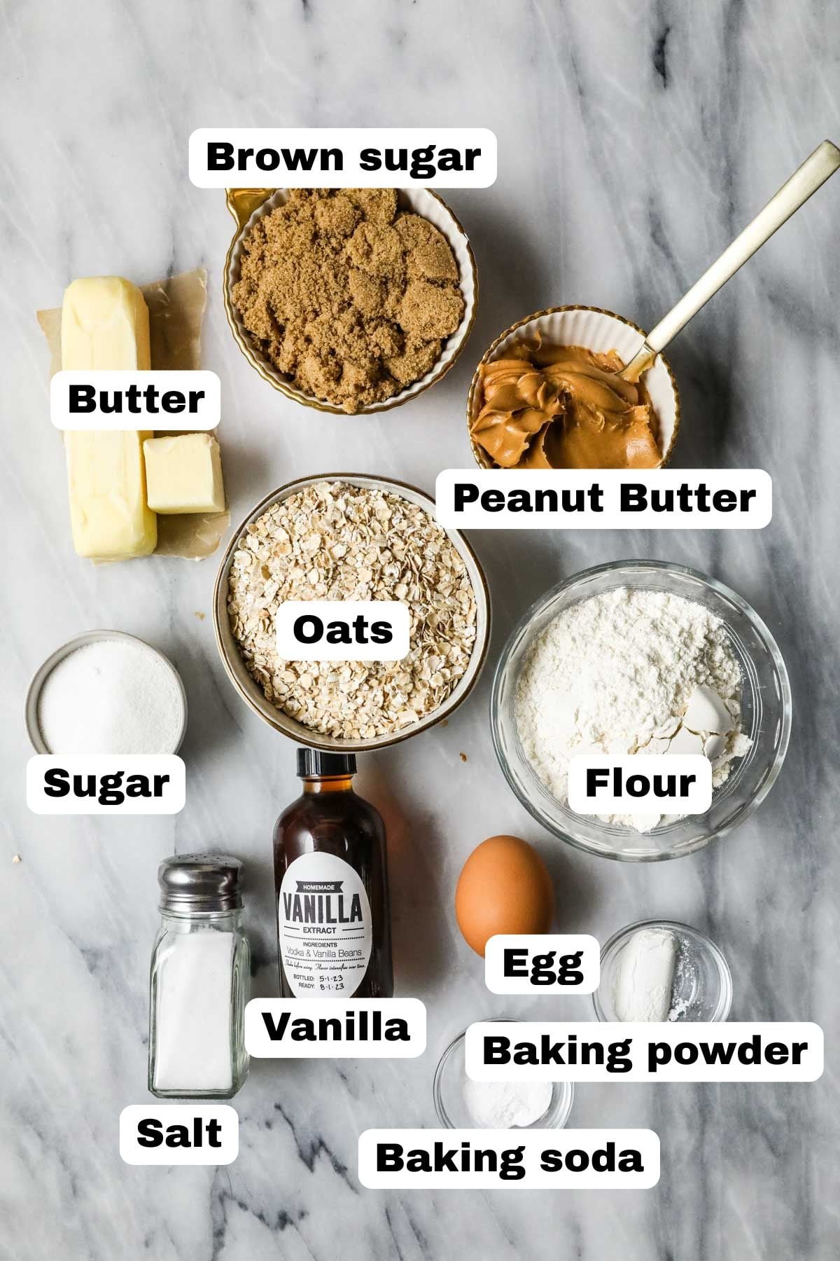 Ingredients for peanut butter oatmeal cookies