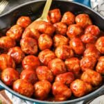 BBQ chicken meatballs in a skillet.