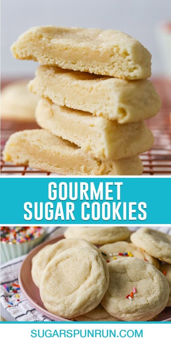 collage of gourmet sugar cookies, top image of two cookies sliced and stacked, bottom image of multiple cookies on plate close up