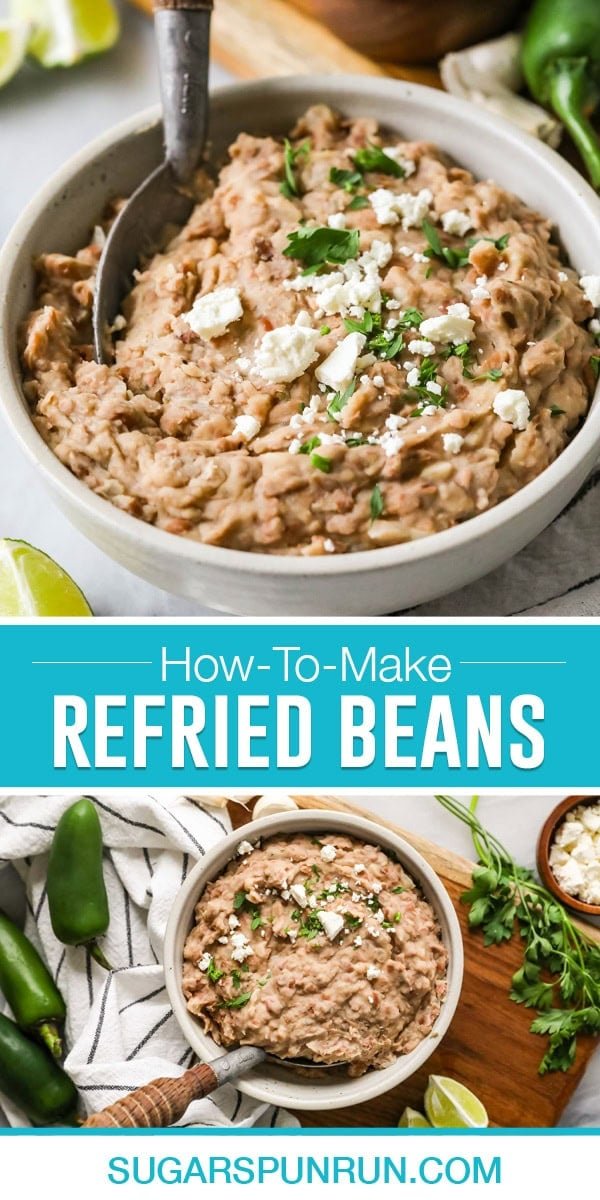 collage of refried beans, top image is a close up with spoon, bottom image full bowl photographed from above