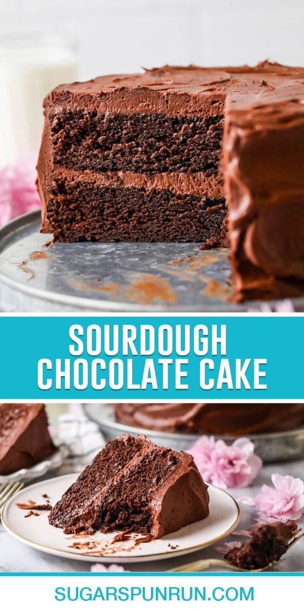 collage of sourdough chocolate cake, top image of full cake with slice taken out, bottom image of single slie of cake on white plate with bite taken out