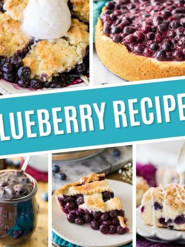 Collage of blueberry recipes including blueberry cobbler, blueberry cheesecake, blueberry sauce, blueberry pie, and blueberry coffee cake.