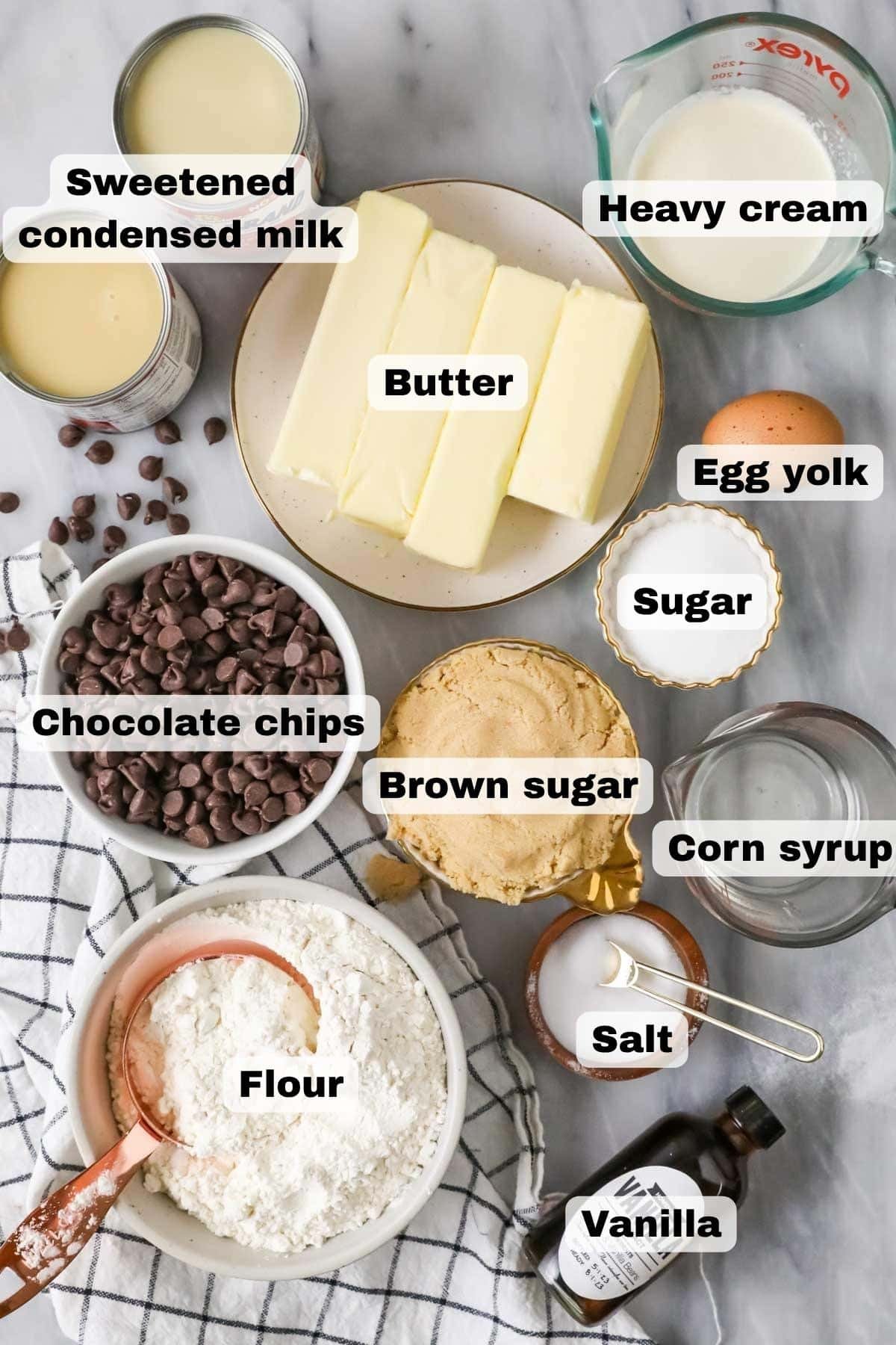 Ingredients needed for millionaire's shortbread: overhead view.