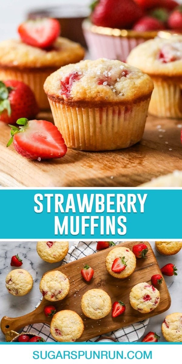collage of strawberry muffins, top image is a close up of single muffin, botom image is a birds eye view of multiple muffins on wood cutting board