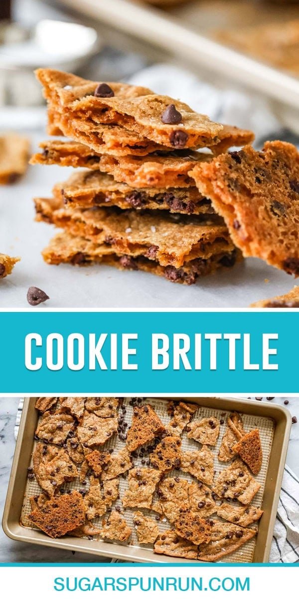 collage of cookie brittle, top image of brittle stacked, bottom image of broken brittle on baking sheet
