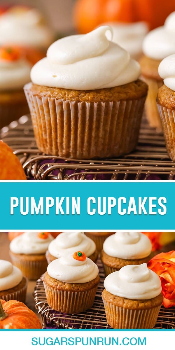 collage of pumpkin cupcakes, top image is a close up of single cupcake, bottom image is of multiple cupcakes on gold wire rack