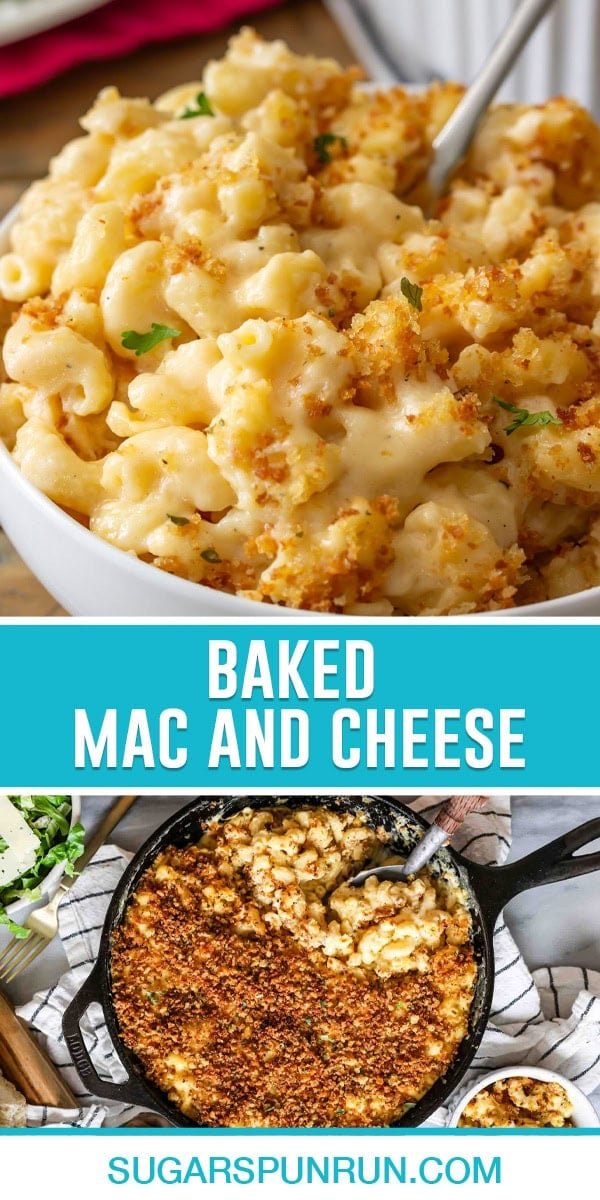 baked mac and cheese collage, top image of mac in cheese close up in white bowl with fork, bottom image of full cast iron skillet of mac and cheese photgraphed from above