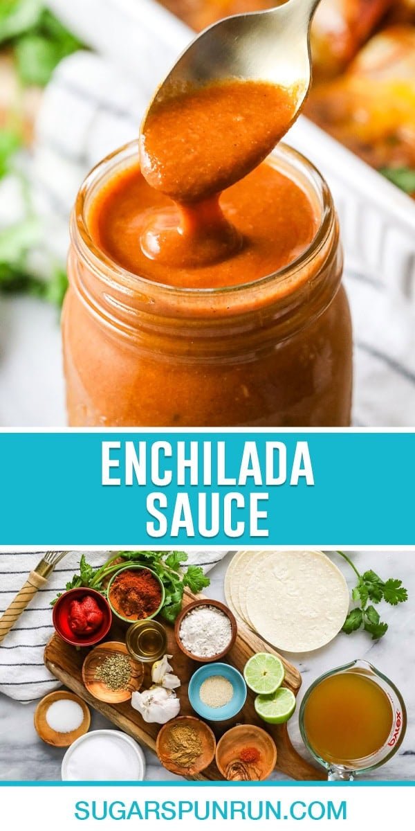collage of enchilada sauce, top image of homemade sauce in mason jar with spoon, bottom image all the ingredients used for sauce
