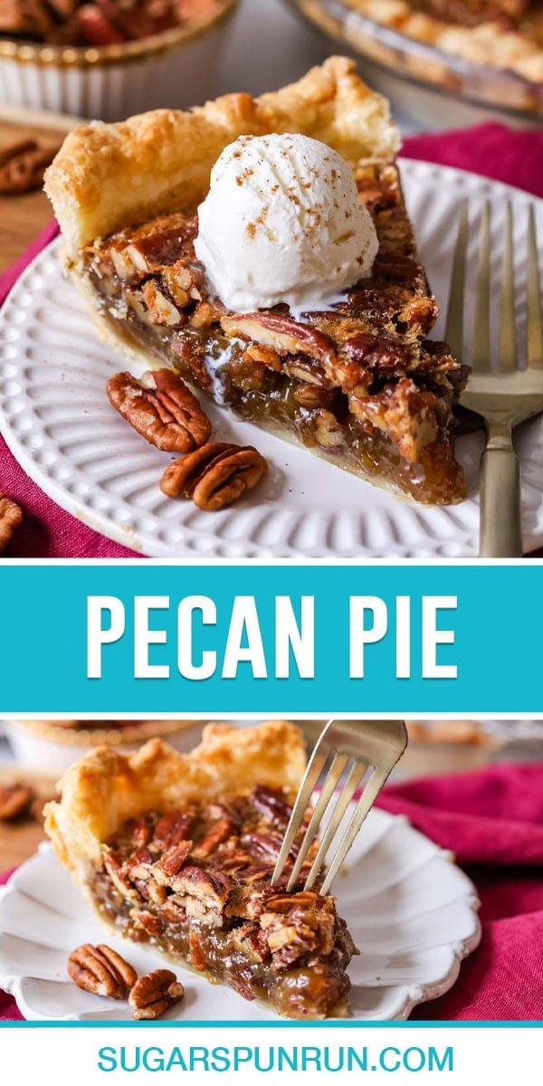 collage of pecan pie, top image single slice close up with scoop of ice cream on pie plate, bottom image same without ice cream