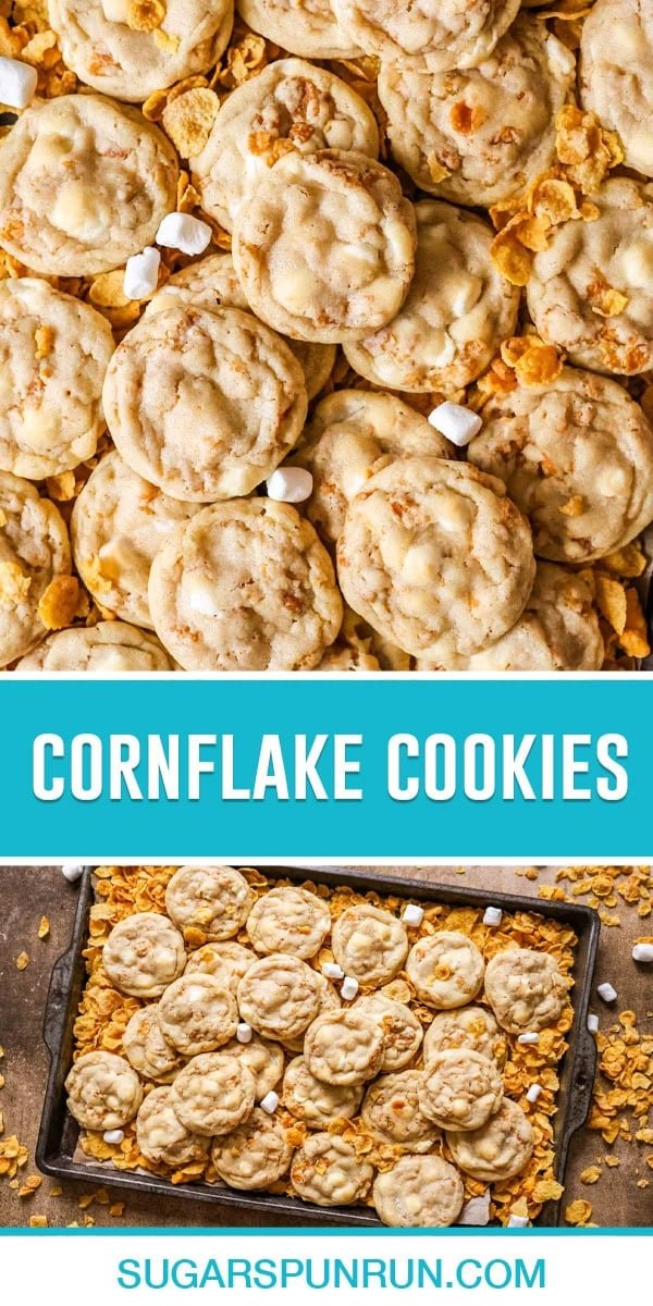 collage of cornflake cookies, top image is a close up of cookies, bottom image of cookies on baking sheet neatly placed/stacked surrounded by cornflakes