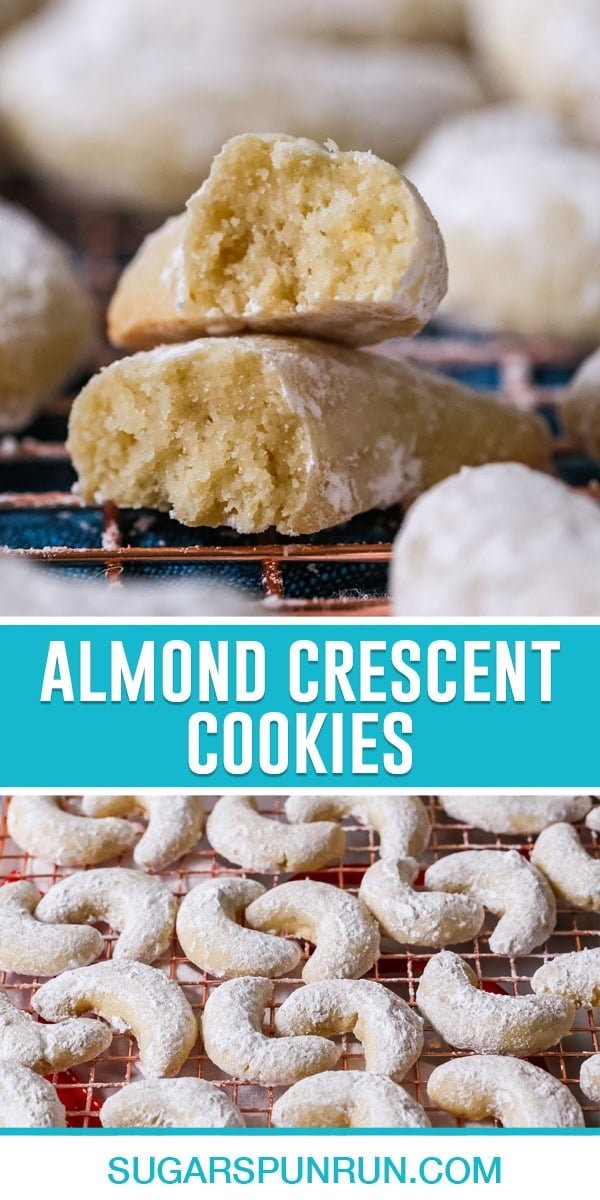 collage of almond crescent cookies, top image is a close up one broken in half stacked, bottom image of multiple cookies cooling on rack close together