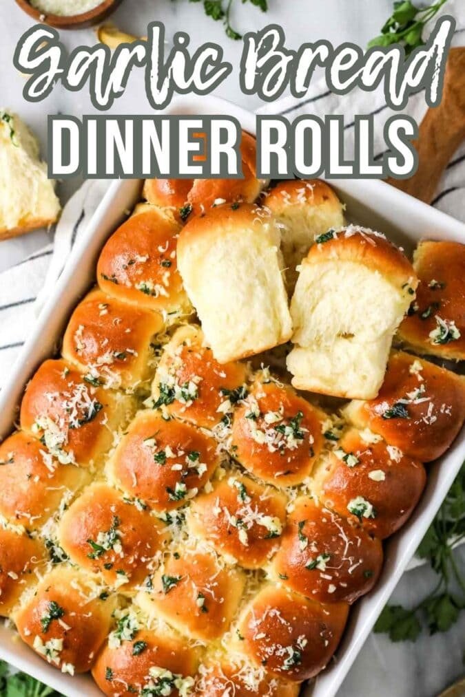 Overhead view of garlic bread dinner rolls with text overlayed.