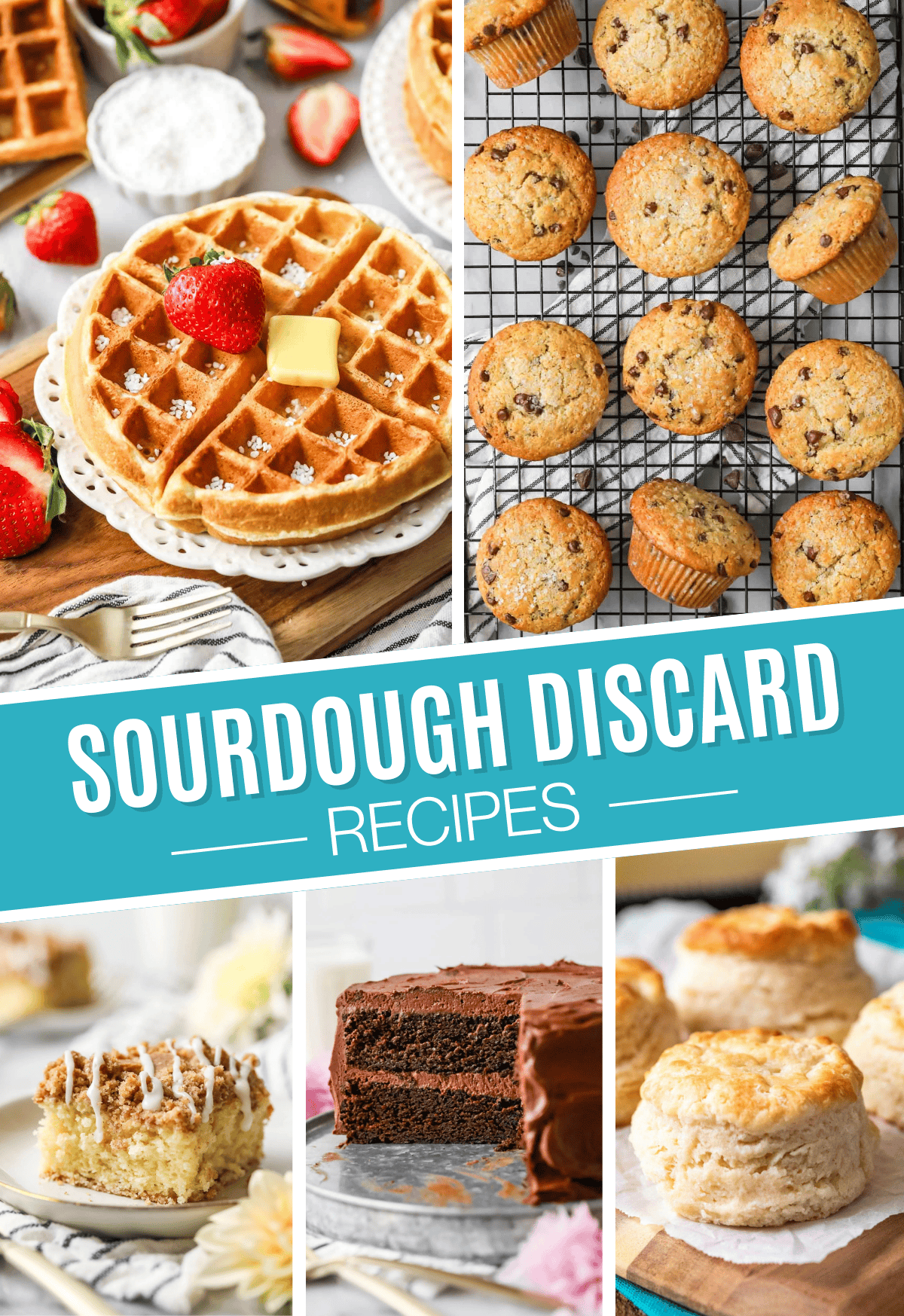 Collage of sourdough discard recipes including waffles, chocolate cake, biscuits, and more.