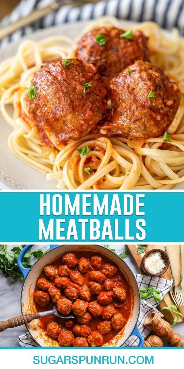 collage of homemade meatballs, top image of three meatballs on top of spaghetti, bottom image of pot full of meatballs with serving spoon