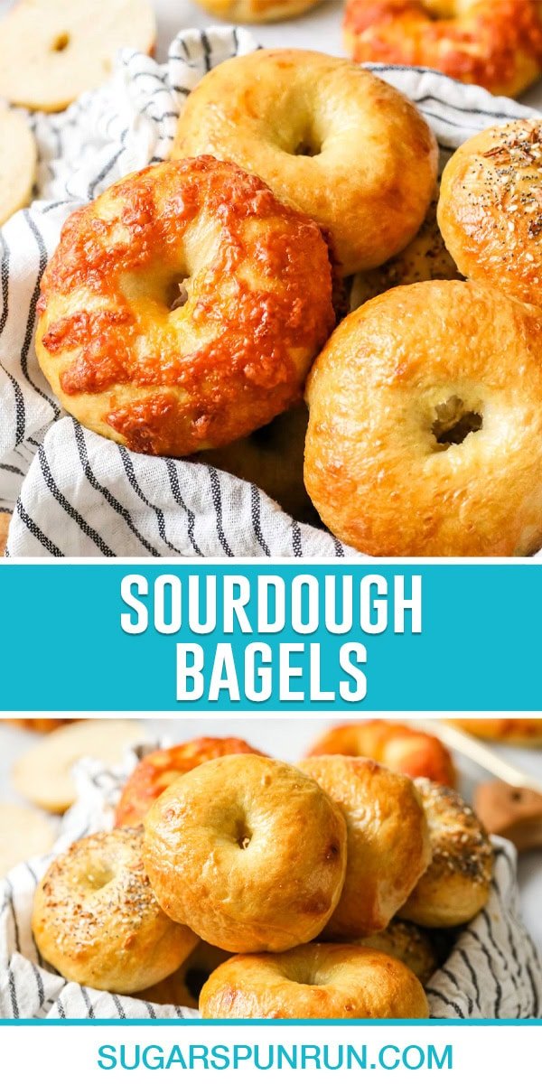 collage of sourdough bagels, top image a close up of bagels in basket, bottom image same image photographed at the side